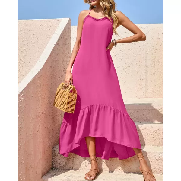 imageBTFBM Women Casual Summer Dresses 2023 Spaghetti Strap Sleeveless Sundress Print Ruffle Flowy Boho Beach Long Maxi DressSolid Rose Red