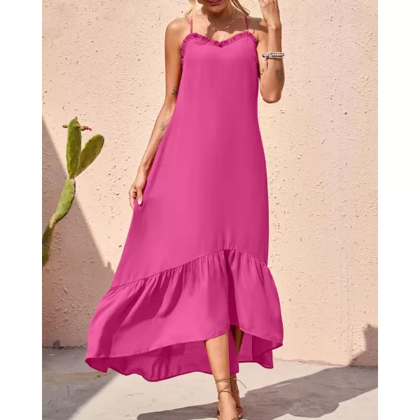 imageBTFBM Women Casual Summer Dresses 2023 Spaghetti Strap Sleeveless Sundress Print Ruffle Flowy Boho Beach Long Maxi DressSolid Rose Red