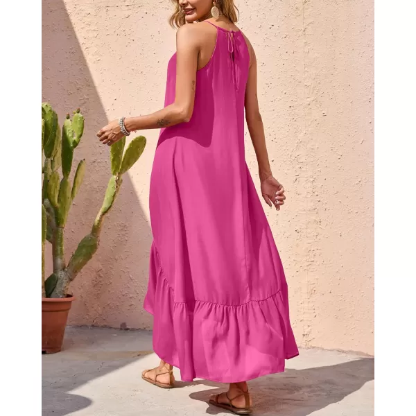 imageBTFBM Women Casual Summer Dresses 2023 Spaghetti Strap Sleeveless Sundress Print Ruffle Flowy Boho Beach Long Maxi DressSolid Rose Red
