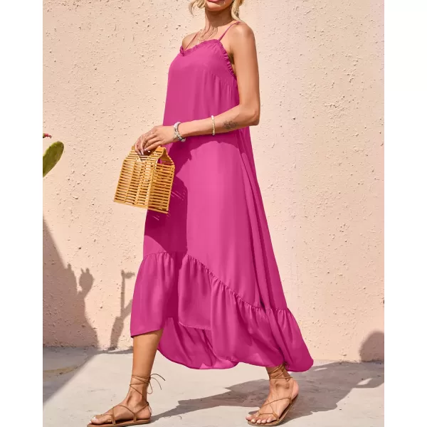 imageBTFBM Women Casual Summer Dresses 2023 Spaghetti Strap Sleeveless Sundress Print Ruffle Flowy Boho Beach Long Maxi DressSolid Rose Red