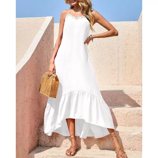 imageBTFBM Women Casual Summer Dresses 2023 Spaghetti Strap Sleeveless Sundress Print Ruffle Flowy Boho Beach Long Maxi DressSolid White