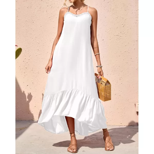 imageBTFBM Women Casual Summer Dresses 2023 Spaghetti Strap Sleeveless Sundress Print Ruffle Flowy Boho Beach Long Maxi DressSolid White