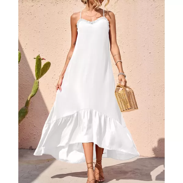 imageBTFBM Women Casual Summer Dresses 2023 Spaghetti Strap Sleeveless Sundress Print Ruffle Flowy Boho Beach Long Maxi DressSolid White