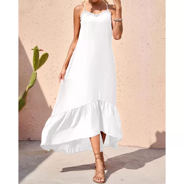 imageBTFBM Women Casual Summer Dresses 2023 Spaghetti Strap Sleeveless Sundress Print Ruffle Flowy Boho Beach Long Maxi DressSolid White