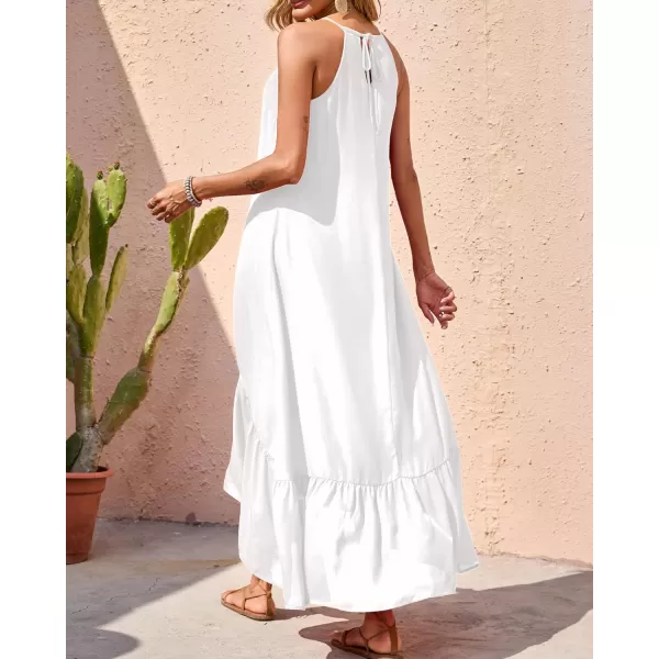 imageBTFBM Women Casual Summer Dresses 2023 Spaghetti Strap Sleeveless Sundress Print Ruffle Flowy Boho Beach Long Maxi DressSolid White