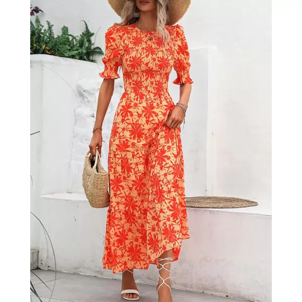 imageBTFBM Women Casual Summer Dresses 2023 Spring Crew Neck Ruffle Short Sleeve Floral Leopard Smocked Boho Flowy Maxi DressBig Floral Orange