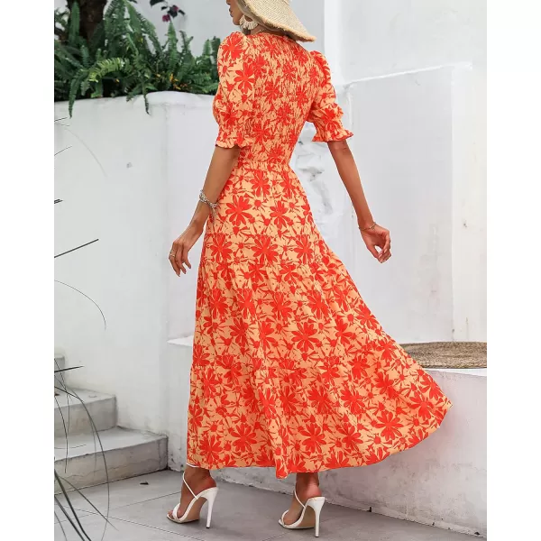 imageBTFBM Women Casual Summer Dresses 2023 Spring Crew Neck Ruffle Short Sleeve Floral Leopard Smocked Boho Flowy Maxi DressBig Floral Orange