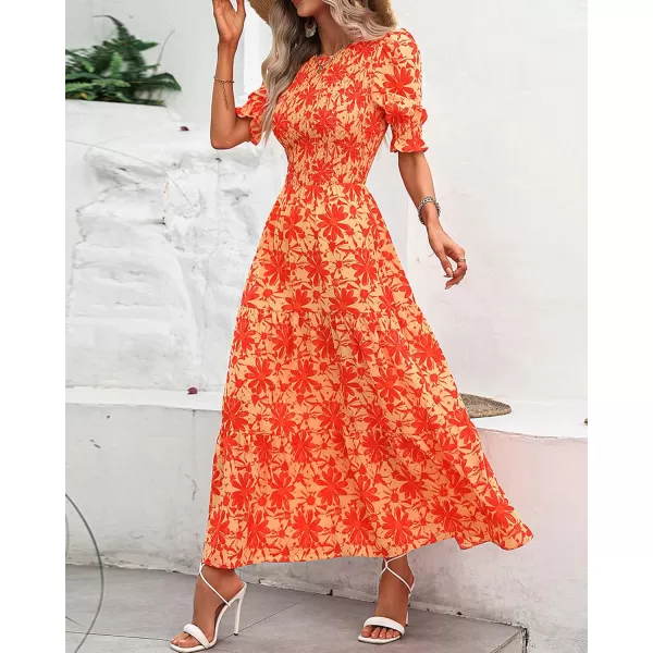 imageBTFBM Women Casual Summer Dresses 2023 Spring Crew Neck Ruffle Short Sleeve Floral Leopard Smocked Boho Flowy Maxi DressBig Floral Orange
