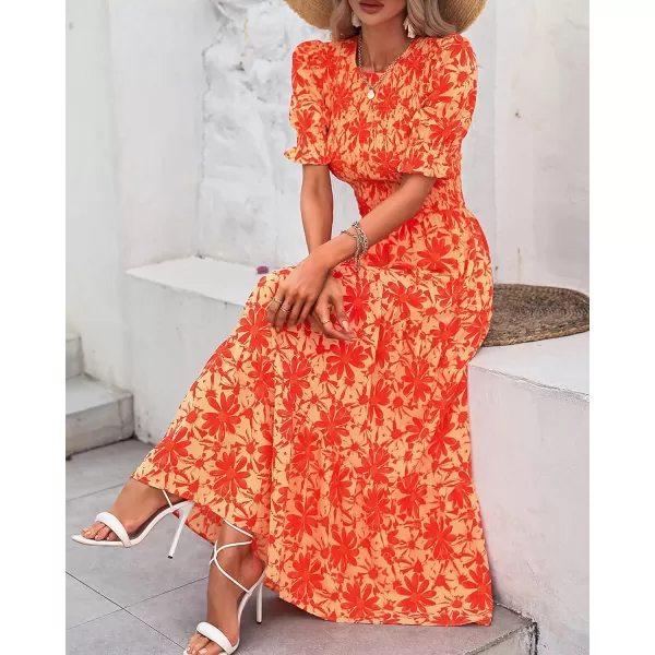 imageBTFBM Women Casual Summer Dresses 2023 Spring Crew Neck Ruffle Short Sleeve Floral Leopard Smocked Boho Flowy Maxi DressBig Floral Orange