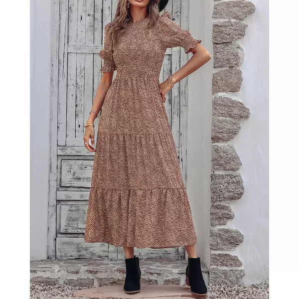imageBTFBM Women Casual Summer Dresses 2023 Spring Crew Neck Ruffle Short Sleeve Floral Leopard Smocked Boho Flowy Maxi DressDot Apricot Brown