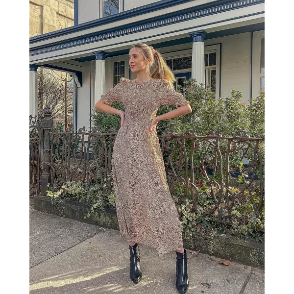 imageBTFBM Women Casual Summer Dresses 2023 Spring Crew Neck Ruffle Short Sleeve Floral Leopard Smocked Boho Flowy Maxi DressDot Apricot Brown