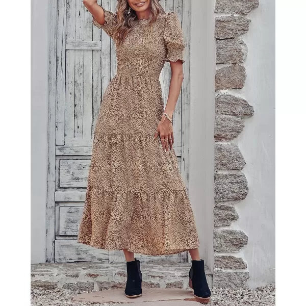 imageBTFBM Women Casual Summer Dresses 2023 Spring Crew Neck Ruffle Short Sleeve Floral Leopard Smocked Boho Flowy Maxi DressDot Apricot Brown