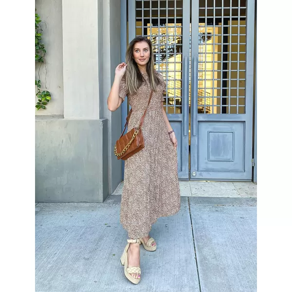 imageBTFBM Women Casual Summer Dresses 2023 Spring Crew Neck Ruffle Short Sleeve Floral Leopard Smocked Boho Flowy Maxi DressDot Apricot Brown