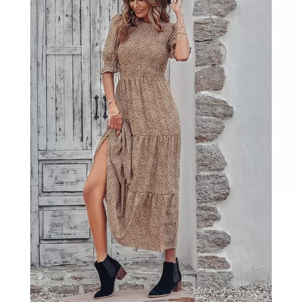 imageBTFBM Women Casual Summer Dresses 2023 Spring Crew Neck Ruffle Short Sleeve Floral Leopard Smocked Boho Flowy Maxi DressDot Apricot Brown