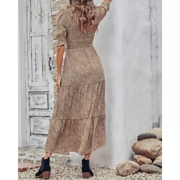 imageBTFBM Women Casual Summer Dresses 2023 Spring Crew Neck Ruffle Short Sleeve Floral Leopard Smocked Boho Flowy Maxi DressDot Apricot Brown