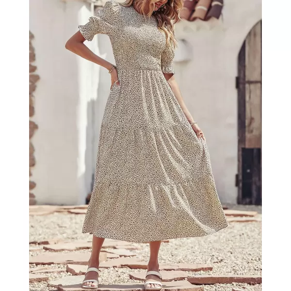 imageBTFBM Women Casual Summer Dresses 2023 Spring Crew Neck Ruffle Short Sleeve Floral Leopard Smocked Boho Flowy Maxi DressDot Apricot Coffee
