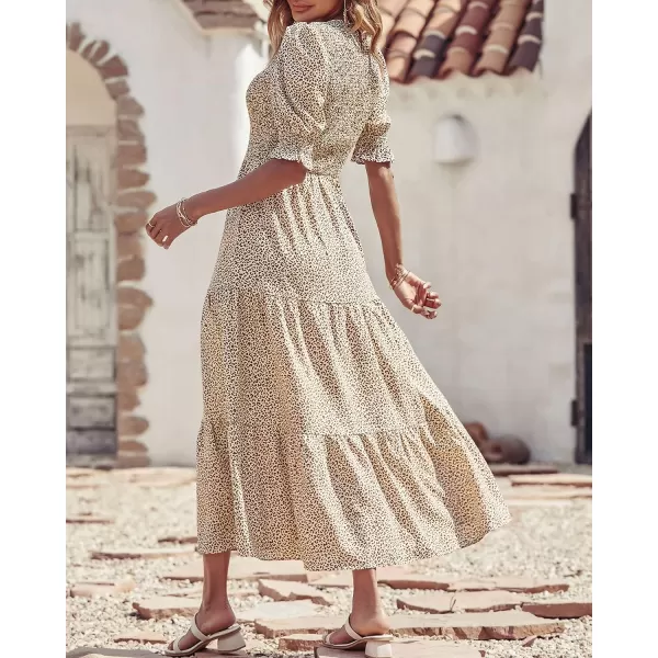 imageBTFBM Women Casual Summer Dresses 2023 Spring Crew Neck Ruffle Short Sleeve Floral Leopard Smocked Boho Flowy Maxi DressDot Apricot Coffee