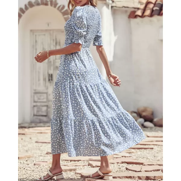 imageBTFBM Women Casual Summer Dresses 2023 Spring Crew Neck Ruffle Short Sleeve Floral Leopard Smocked Boho Flowy Maxi DressDot Blue White