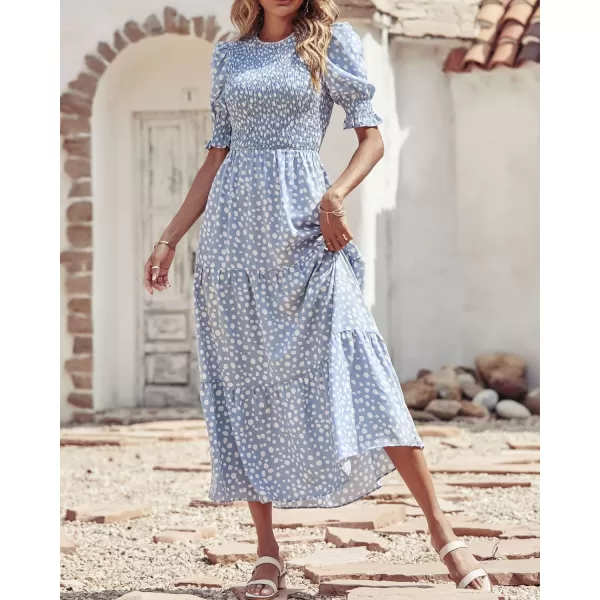 imageBTFBM Women Casual Summer Dresses 2023 Spring Crew Neck Ruffle Short Sleeve Floral Leopard Smocked Boho Flowy Maxi DressDot Blue White