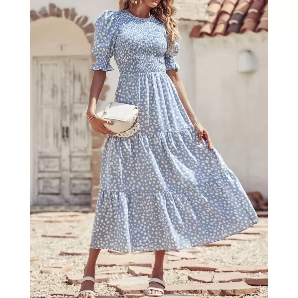 imageBTFBM Women Casual Summer Dresses 2023 Spring Crew Neck Ruffle Short Sleeve Floral Leopard Smocked Boho Flowy Maxi DressDot Blue White