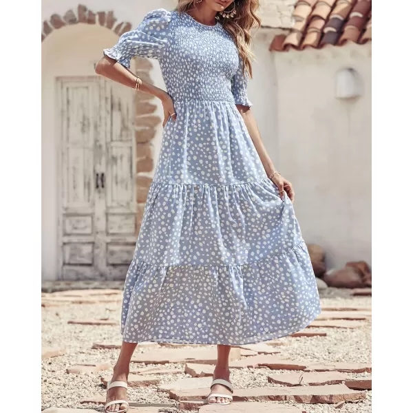 imageBTFBM Women Casual Summer Dresses 2023 Spring Crew Neck Ruffle Short Sleeve Floral Leopard Smocked Boho Flowy Maxi DressDot Blue White
