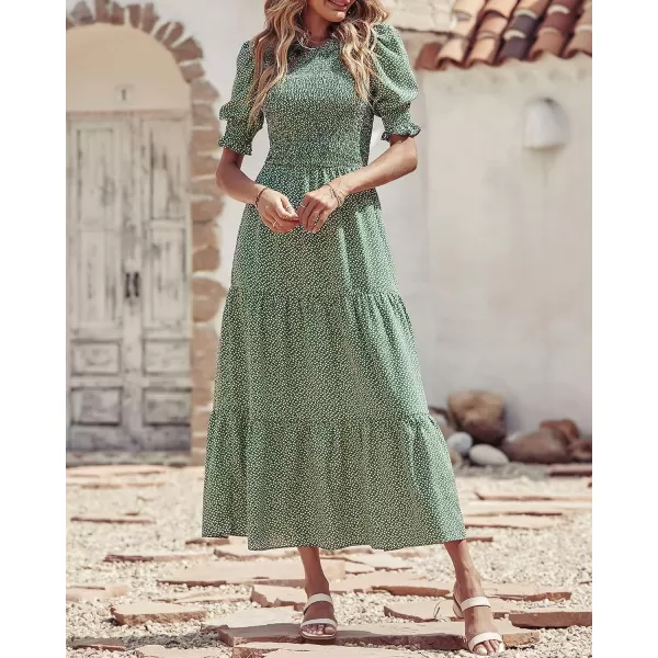 imageBTFBM Women Casual Summer Dresses 2023 Spring Crew Neck Ruffle Short Sleeve Floral Leopard Smocked Boho Flowy Maxi DressDot Green White