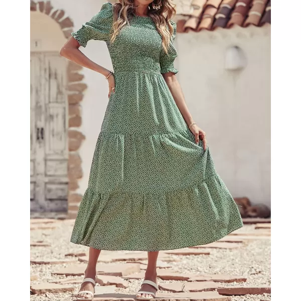 imageBTFBM Women Casual Summer Dresses 2023 Spring Crew Neck Ruffle Short Sleeve Floral Leopard Smocked Boho Flowy Maxi DressDot Green White