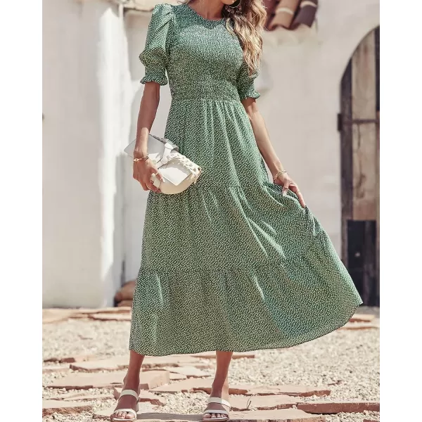 imageBTFBM Women Casual Summer Dresses 2023 Spring Crew Neck Ruffle Short Sleeve Floral Leopard Smocked Boho Flowy Maxi DressDot Green White