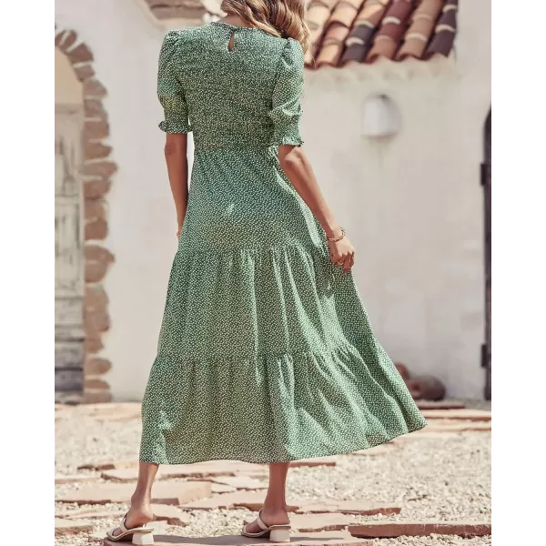 imageBTFBM Women Casual Summer Dresses 2023 Spring Crew Neck Ruffle Short Sleeve Floral Leopard Smocked Boho Flowy Maxi DressDot Green White