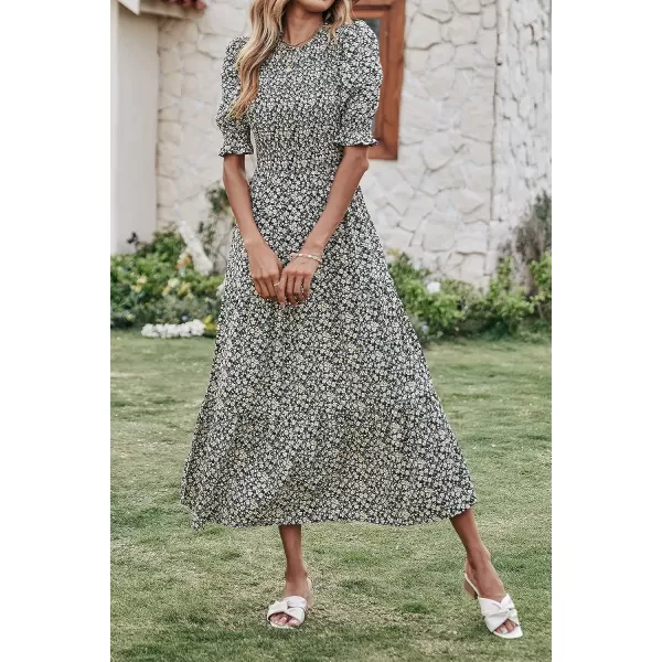 imageBTFBM Women Casual Summer Dresses 2023 Spring Crew Neck Ruffle Short Sleeve Floral Leopard Smocked Boho Flowy Maxi DressFloral Black Apricot