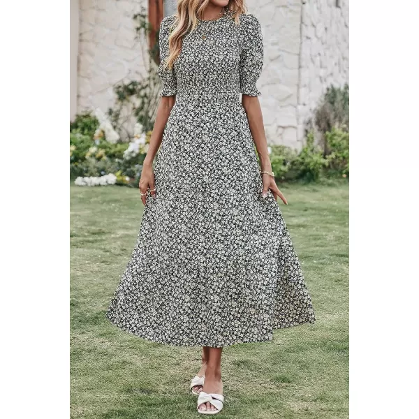 imageBTFBM Women Casual Summer Dresses 2023 Spring Crew Neck Ruffle Short Sleeve Floral Leopard Smocked Boho Flowy Maxi DressFloral Black Apricot