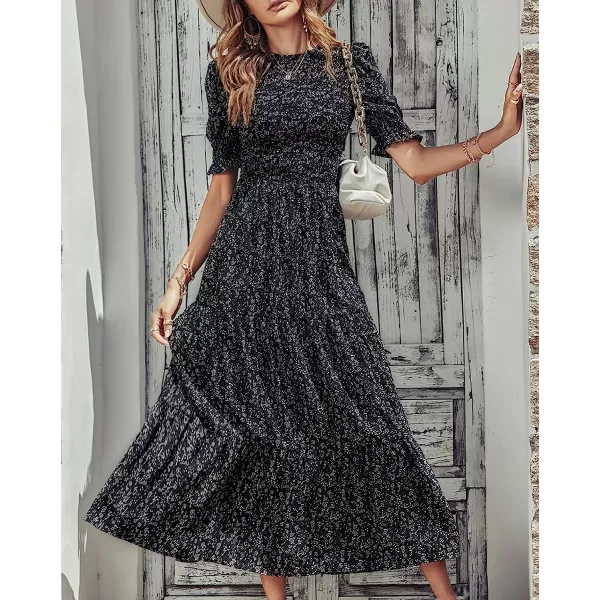 imageBTFBM Women Casual Summer Dresses 2023 Spring Crew Neck Ruffle Short Sleeve Floral Leopard Smocked Boho Flowy Maxi DressFloral Black White