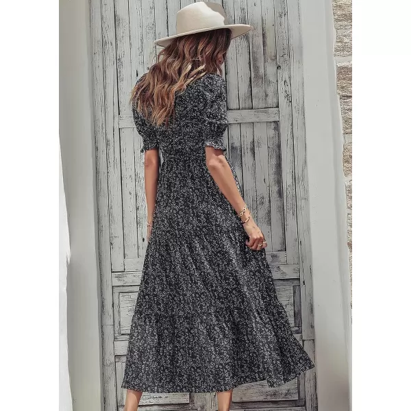 imageBTFBM Women Casual Summer Dresses 2023 Spring Crew Neck Ruffle Short Sleeve Floral Leopard Smocked Boho Flowy Maxi DressFloral Black White