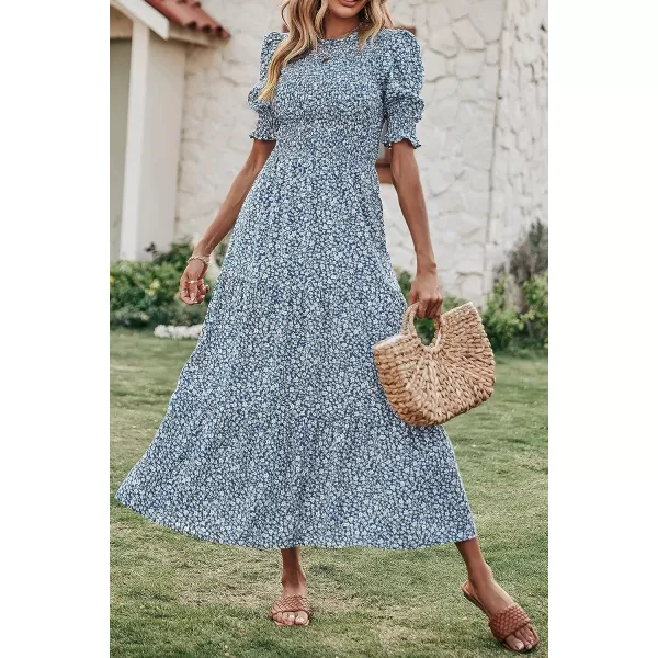 imageBTFBM Women Casual Summer Dresses 2023 Spring Crew Neck Ruffle Short Sleeve Floral Leopard Smocked Boho Flowy Maxi DressFloral Blue White