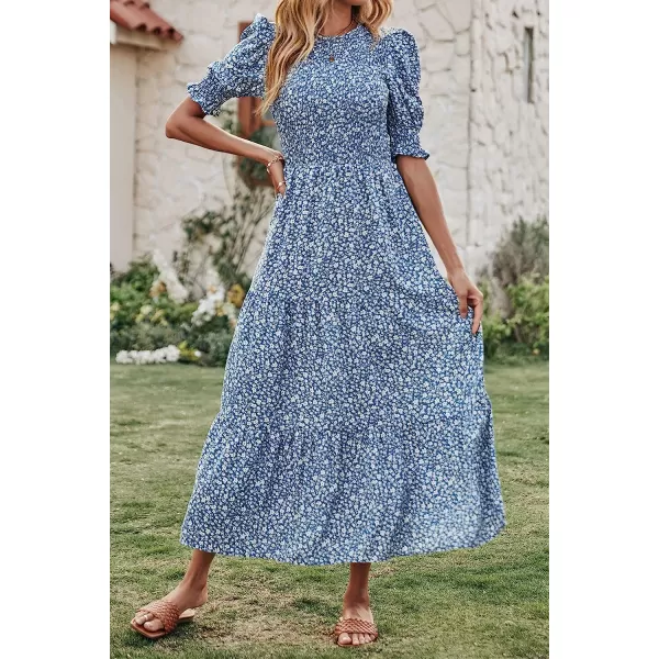 imageBTFBM Women Casual Summer Dresses 2023 Spring Crew Neck Ruffle Short Sleeve Floral Leopard Smocked Boho Flowy Maxi DressFloral Blue White