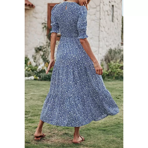 imageBTFBM Women Casual Summer Dresses 2023 Spring Crew Neck Ruffle Short Sleeve Floral Leopard Smocked Boho Flowy Maxi DressFloral Blue White