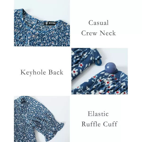 imageBTFBM Women Casual Summer Dresses 2023 Spring Crew Neck Ruffle Short Sleeve Floral Leopard Smocked Boho Flowy Maxi DressFloral Blue White