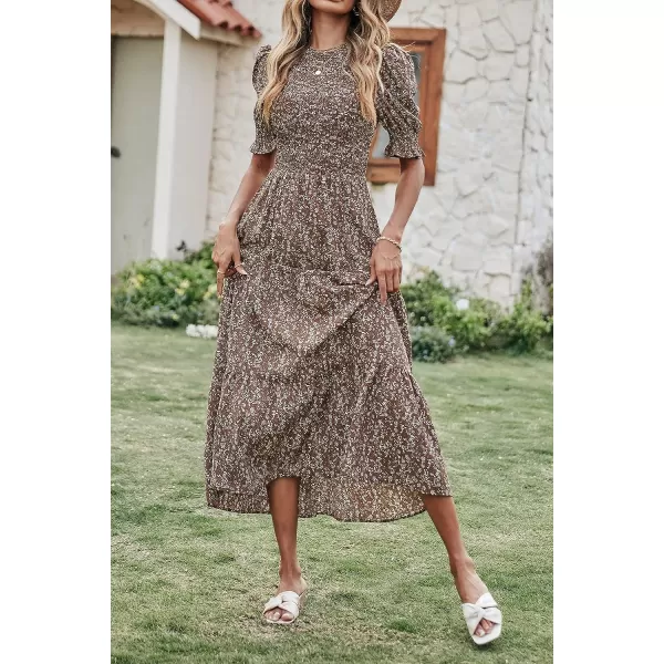 imageBTFBM Women Casual Summer Dresses 2023 Spring Crew Neck Ruffle Short Sleeve Floral Leopard Smocked Boho Flowy Maxi DressFloral Coffee White
