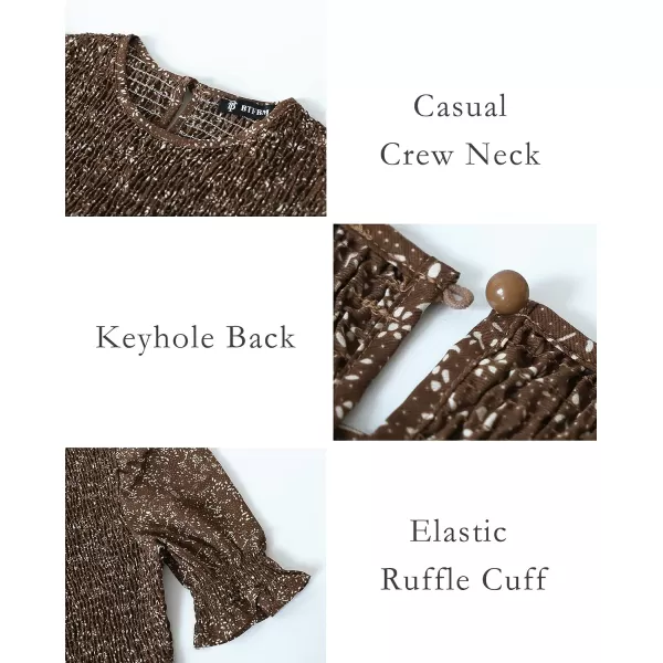 imageBTFBM Women Casual Summer Dresses 2023 Spring Crew Neck Ruffle Short Sleeve Floral Leopard Smocked Boho Flowy Maxi DressFloral Coffee White