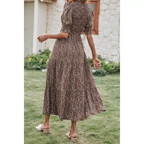 imageBTFBM Women Casual Summer Dresses 2023 Spring Crew Neck Ruffle Short Sleeve Floral Leopard Smocked Boho Flowy Maxi DressFloral Coffee White