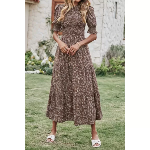 imageBTFBM Women Casual Summer Dresses 2023 Spring Crew Neck Ruffle Short Sleeve Floral Leopard Smocked Boho Flowy Maxi DressFloral Coffee White
