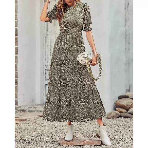 imageBTFBM Women Casual Summer Dresses 2023 Spring Crew Neck Ruffle Short Sleeve Floral Leopard Smocked Boho Flowy Maxi DressFloral Green