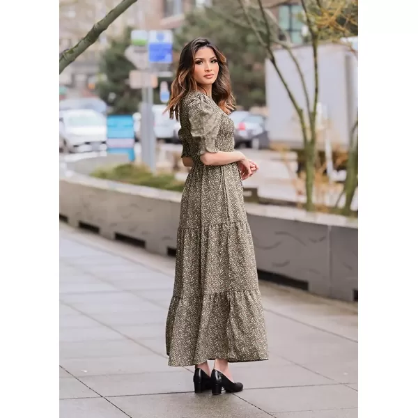 imageBTFBM Women Casual Summer Dresses 2023 Spring Crew Neck Ruffle Short Sleeve Floral Leopard Smocked Boho Flowy Maxi DressFloral Green