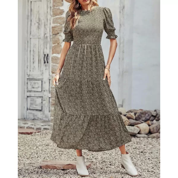 imageBTFBM Women Casual Summer Dresses 2023 Spring Crew Neck Ruffle Short Sleeve Floral Leopard Smocked Boho Flowy Maxi DressFloral Green