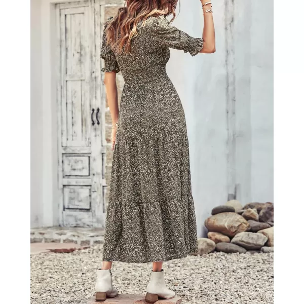 imageBTFBM Women Casual Summer Dresses 2023 Spring Crew Neck Ruffle Short Sleeve Floral Leopard Smocked Boho Flowy Maxi DressFloral Green