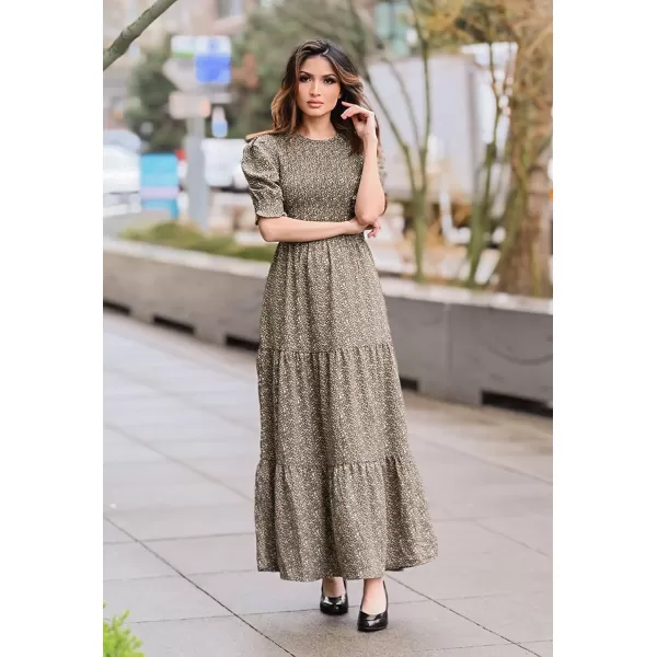 imageBTFBM Women Casual Summer Dresses 2023 Spring Crew Neck Ruffle Short Sleeve Floral Leopard Smocked Boho Flowy Maxi DressFloral Green