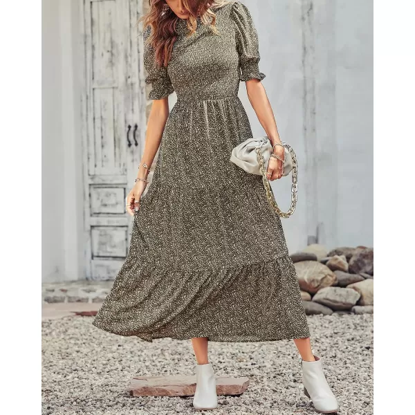 imageBTFBM Women Casual Summer Dresses 2023 Spring Crew Neck Ruffle Short Sleeve Floral Leopard Smocked Boho Flowy Maxi DressFloral Green