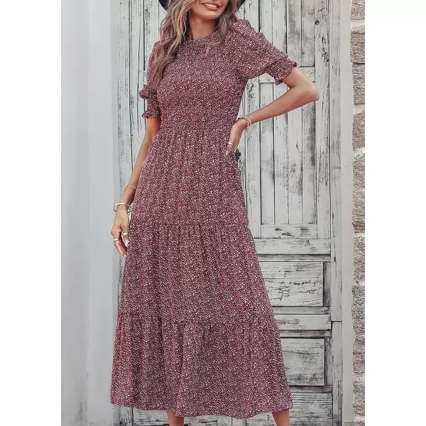 imageBTFBM Women Casual Summer Dresses 2023 Spring Crew Neck Ruffle Short Sleeve Floral Leopard Smocked Boho Flowy Maxi DressFloral Wine Red White