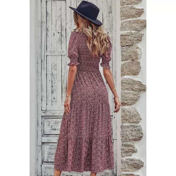 imageBTFBM Women Casual Summer Dresses 2023 Spring Crew Neck Ruffle Short Sleeve Floral Leopard Smocked Boho Flowy Maxi DressFloral Wine Red White