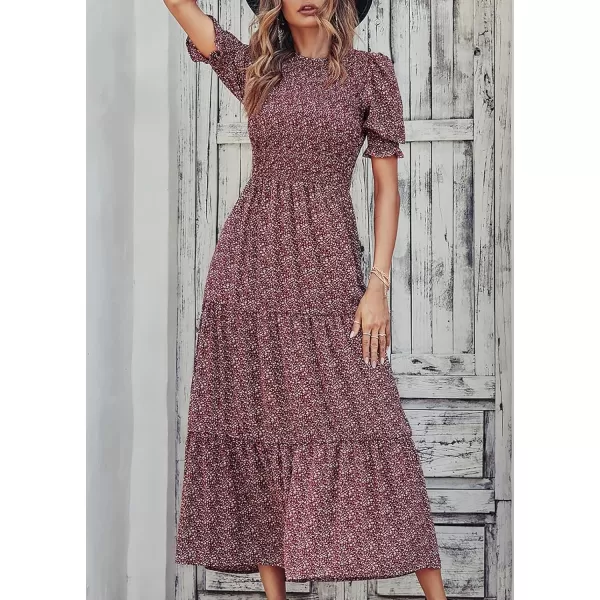 imageBTFBM Women Casual Summer Dresses 2023 Spring Crew Neck Ruffle Short Sleeve Floral Leopard Smocked Boho Flowy Maxi DressFloral Wine Red White